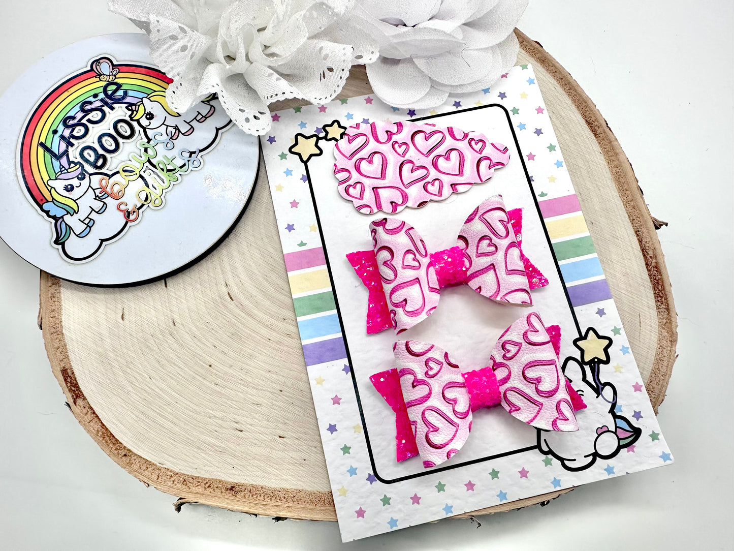 2.5” pink hearts piggytail & clip set