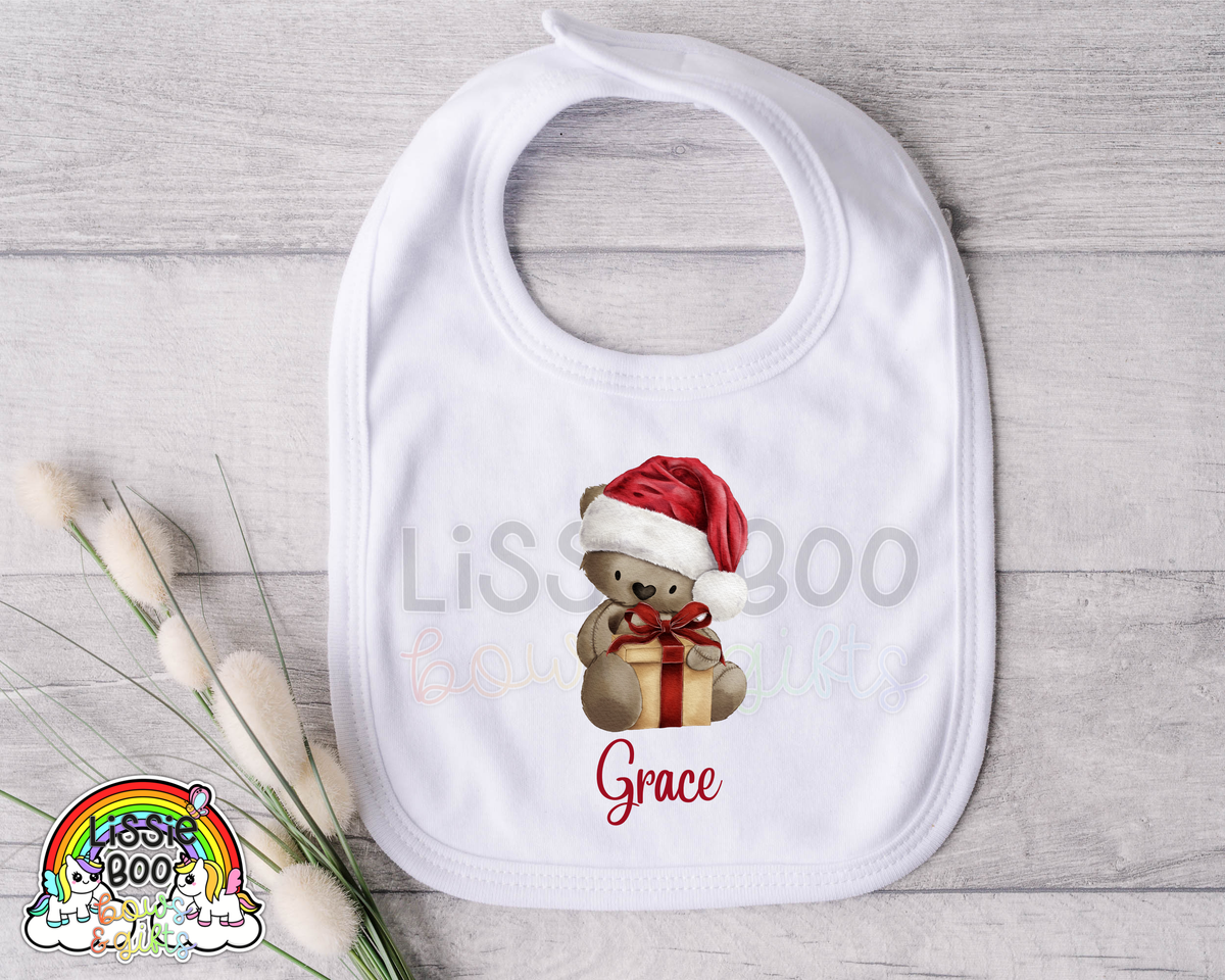 Personalised Present Brown Bear Christmas Bib