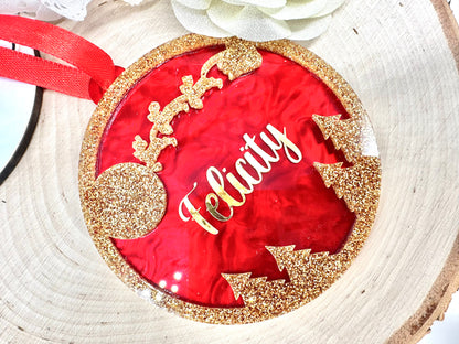 Red swirl and gold glitter Santa night sky acrylic bauble - 10cm