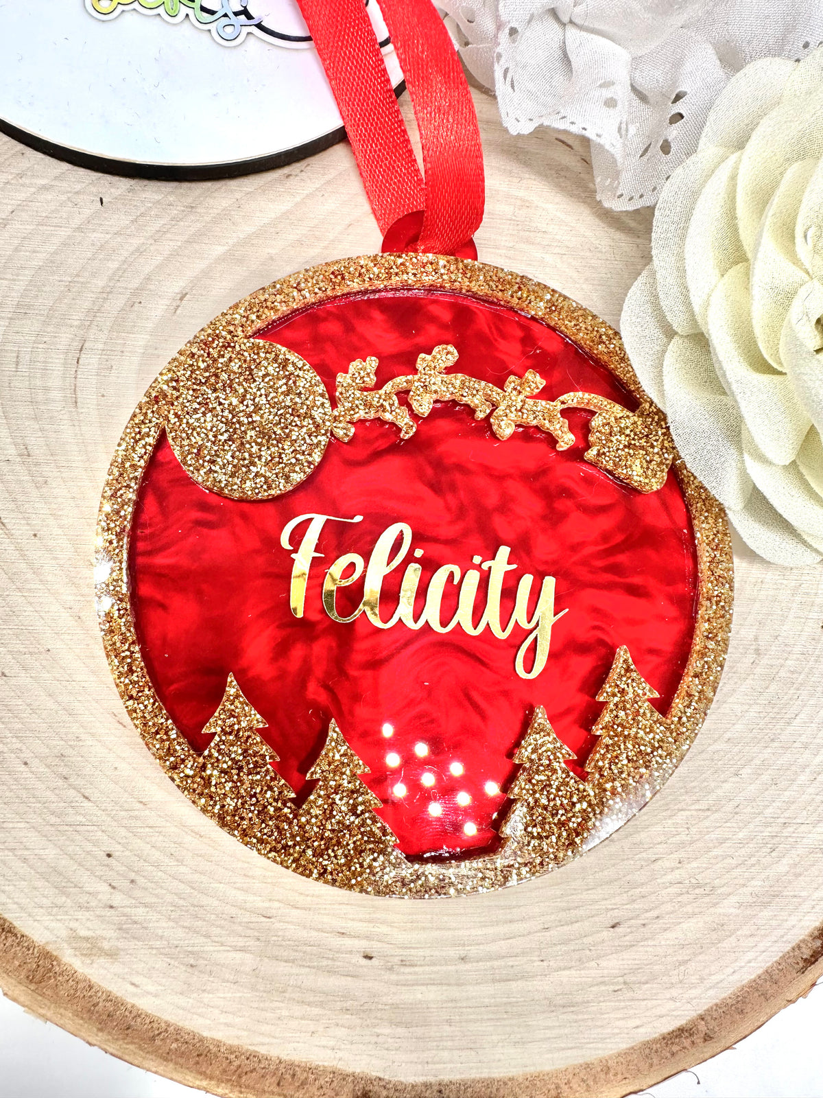 Red swirl and gold glitter Santa night sky acrylic bauble - 10cm