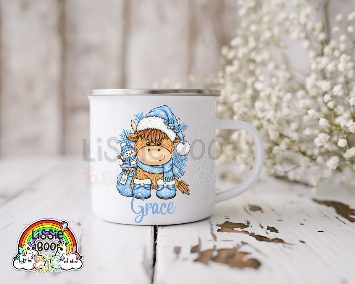 Christmas blue highland cow enamel mug