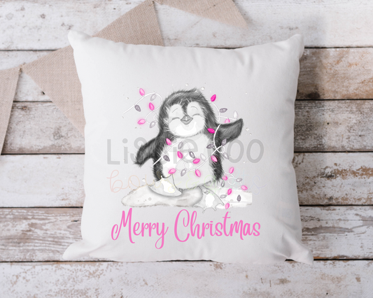 Christmas Pink Penguin cushion cover
