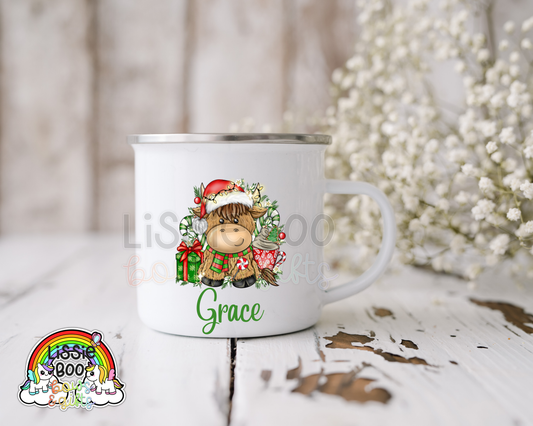 Christmas highland cow enamel mug