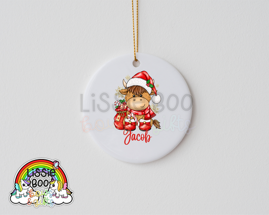 Personalised Red Highland cow Christmas decoration