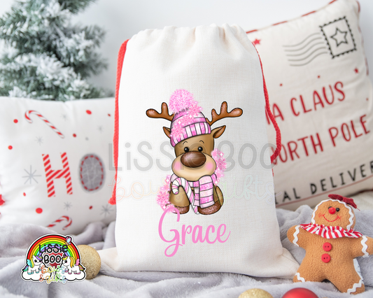 Personalised Pink Reindeer Christmas Sack