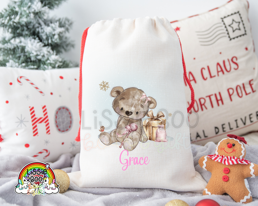 Personalised Pink Brown Bear Christmas Sack