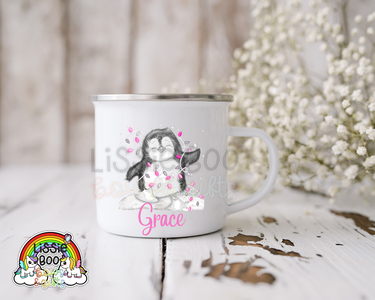Pink Penguin enamel mug