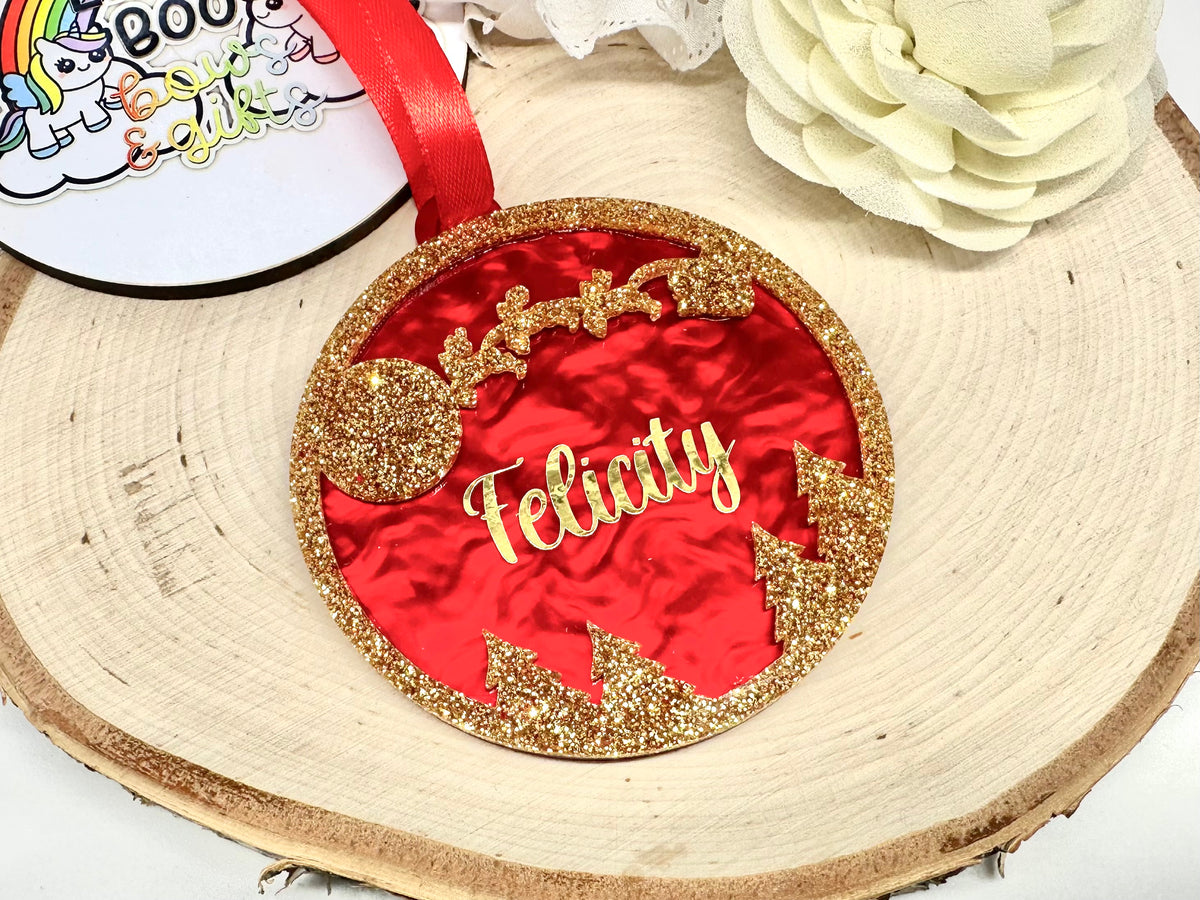 Red swirl and gold glitter Santa night sky acrylic bauble - 10cm