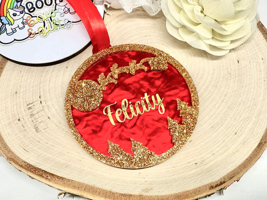 Red swirl and gold glitter Santa night sky acrylic bauble - 10cm