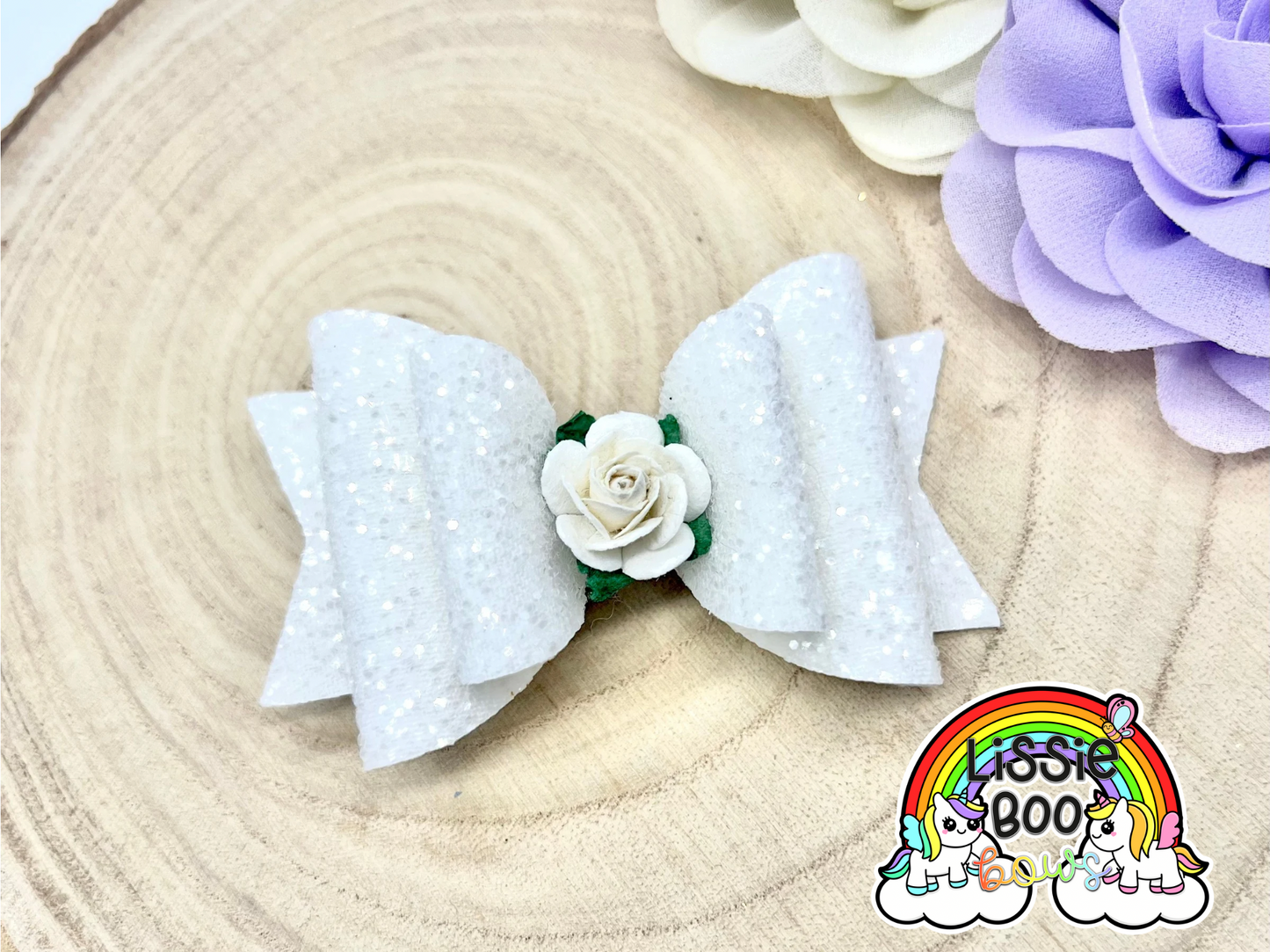 3.5” white glitter floral hair accessory