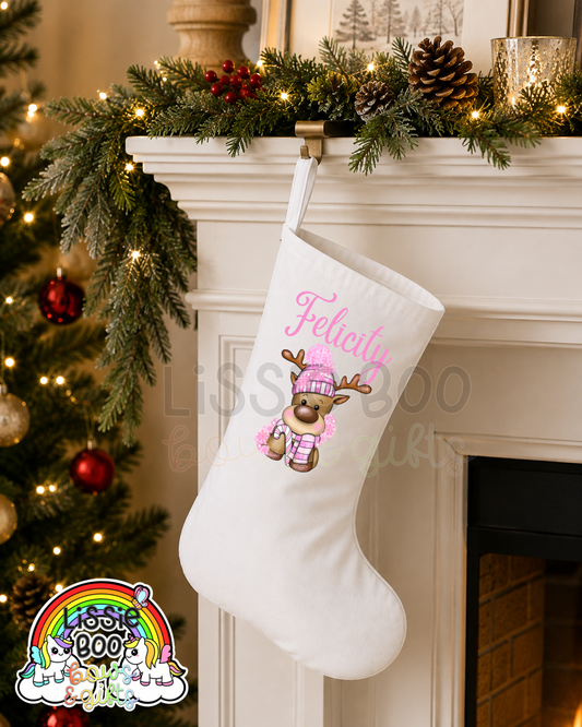 Personalised Pink Reindeer Christmas Stocking