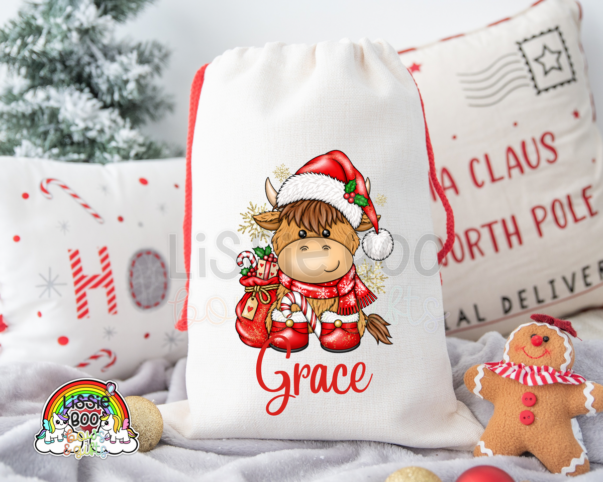 Personalised Christmas Red Highland Cow Christmas Sack
