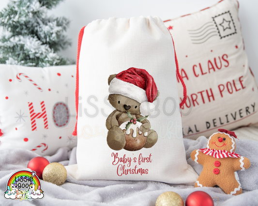Christmas pudding bear, baby’s first Christmas Sack