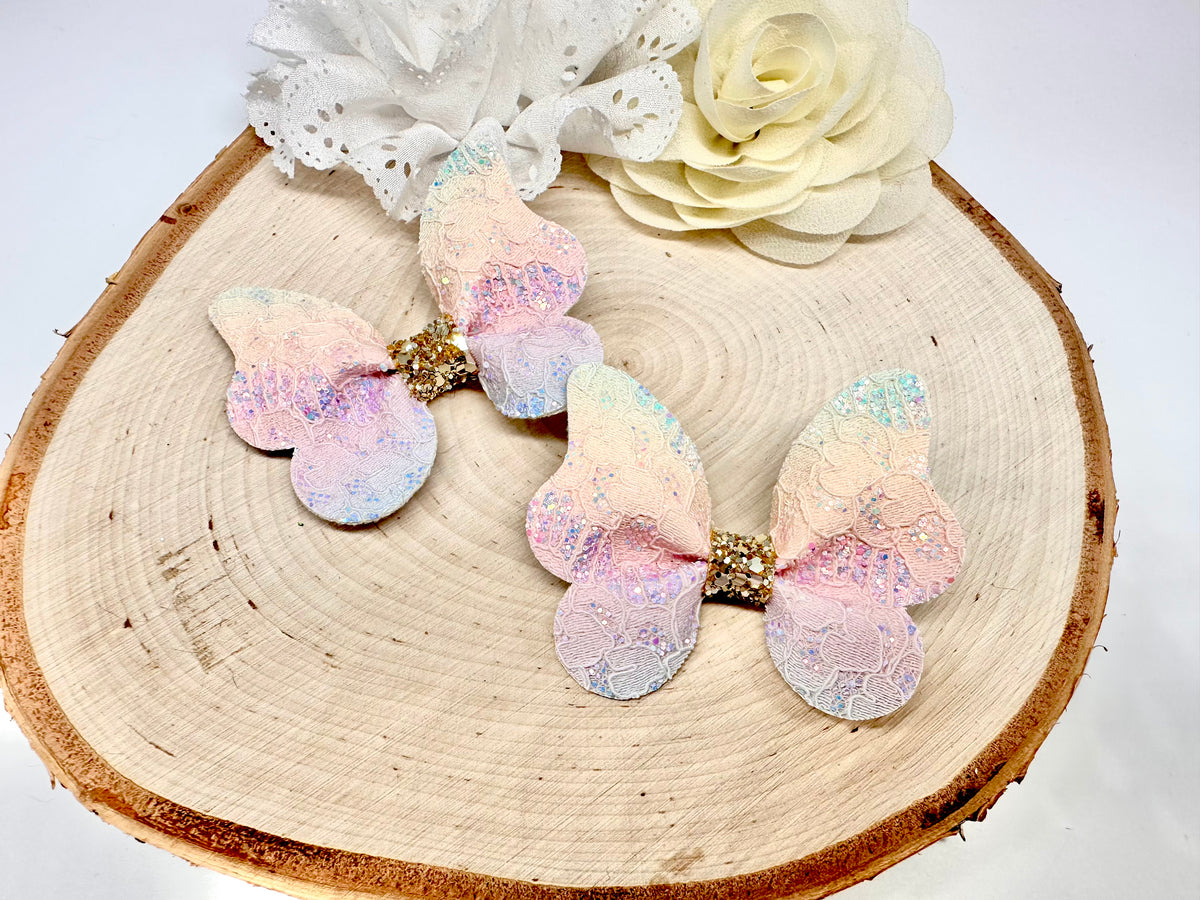 Rainbow lace glitter 3” pinch butterfly hair accessory - one supplied
