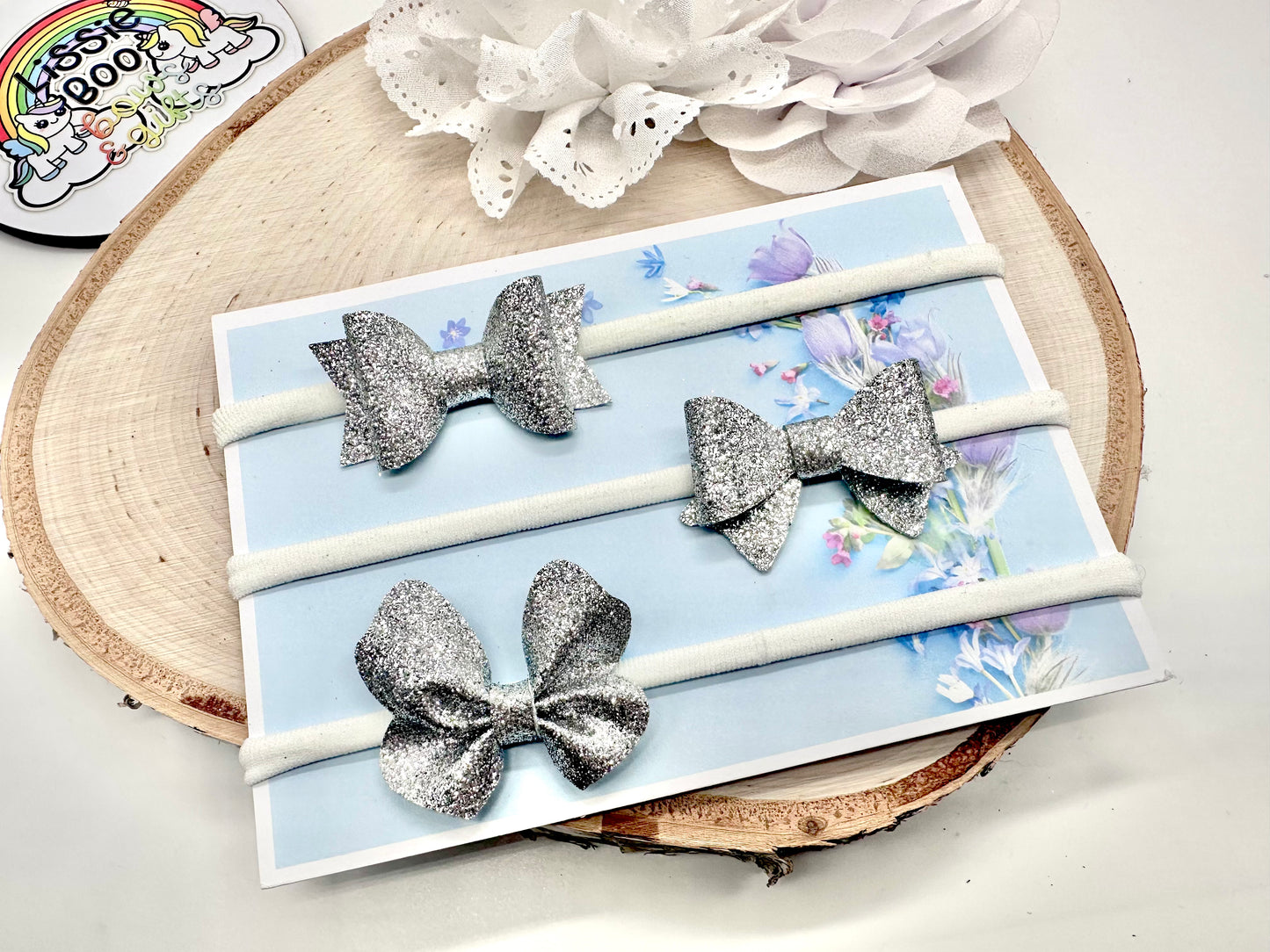 Set of three silver fine glitter metallic baby headbands