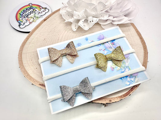 Set of three fine glitter metallic hair bow baby headbands