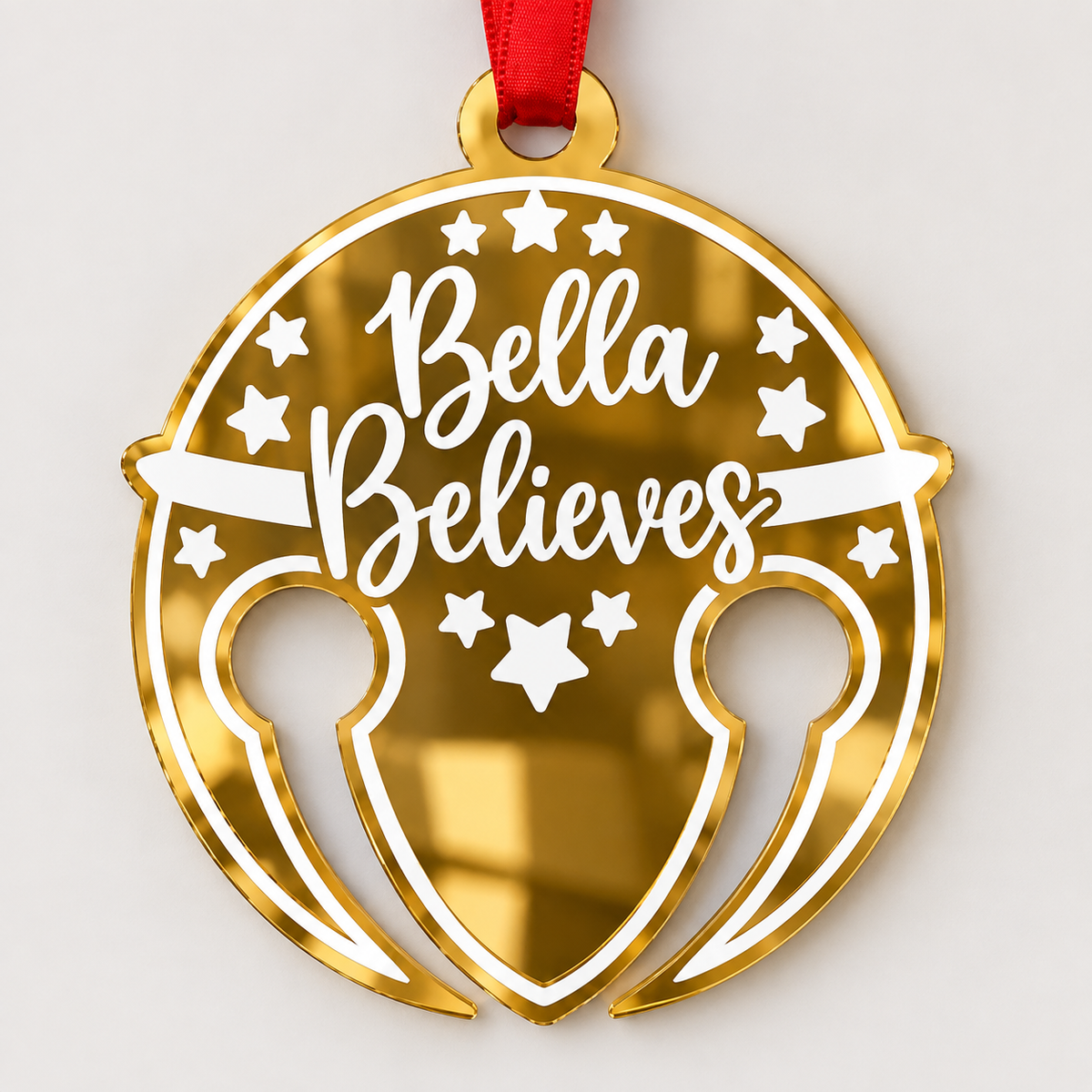 Gold ‘believes’ bell acrylic bauble