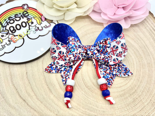 Union Jack beads fancy hair bow 3.5”