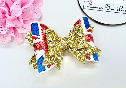 Sequin embroidered Union Jack hair bow 3.5”