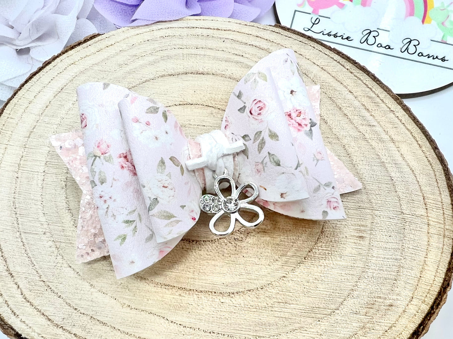 Pink floral charm bow 3.5”