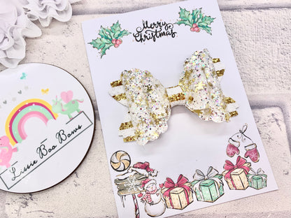 Gold snow flurry hair bow 3.5”