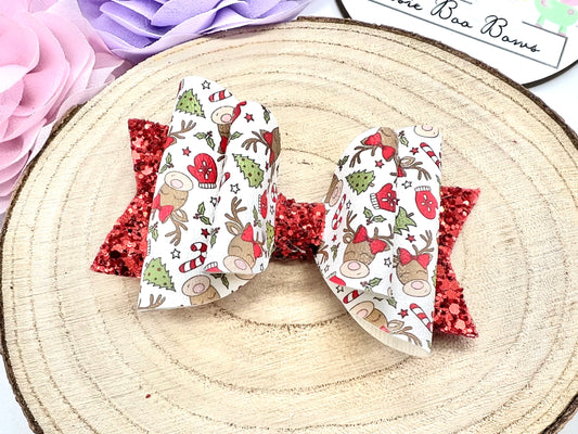 Red reindeer Christmas hair bow 3.5”