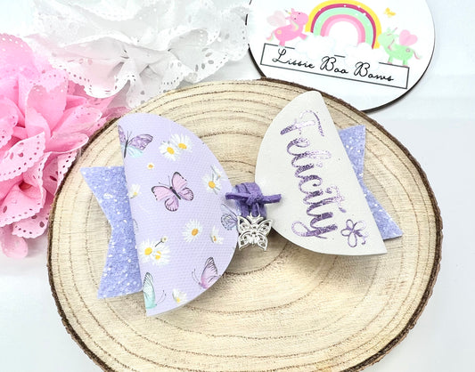 4” personalised lilac butterfly charm hair bow
