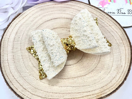 Pearl glitter and gold hair bow 3.5”