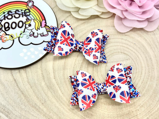 Union Jack Piggytail bows 2.5”