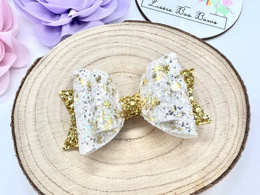 Christmas gold snow flurry hair bow 3.5”