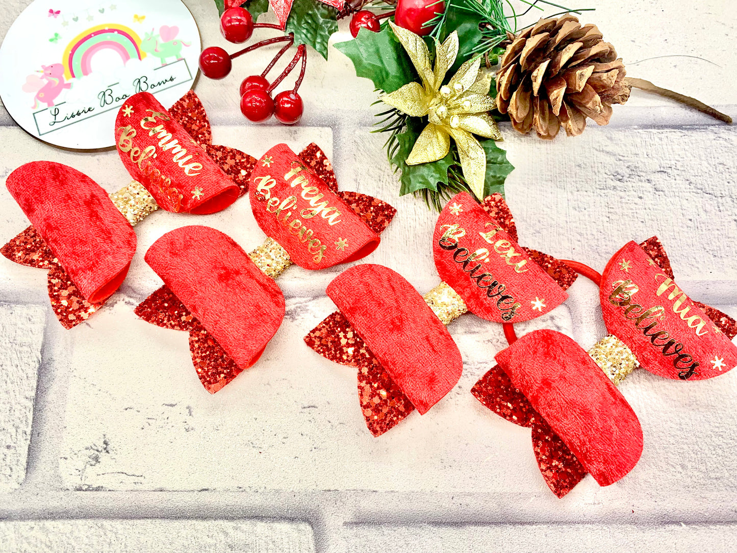 Red velvet believe hair bow 4”