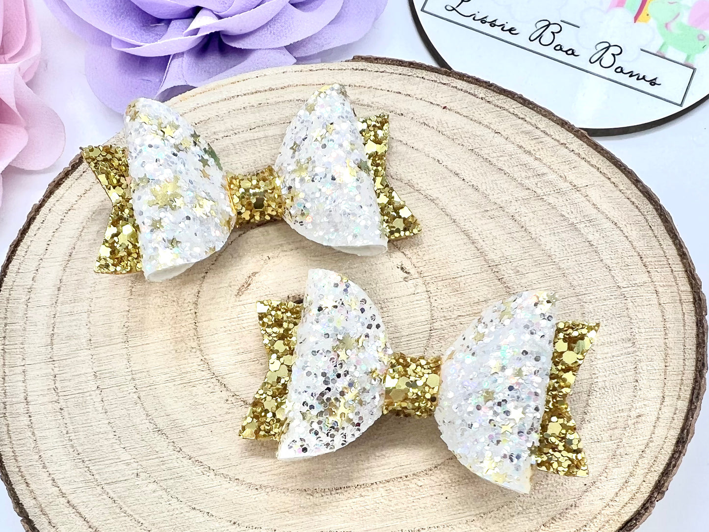 Christmas gold snow flurry piggytail bows