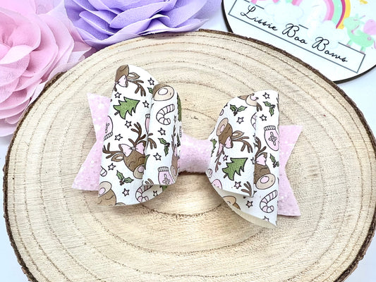 Pink reindeer Christmas hair bow 3.5”